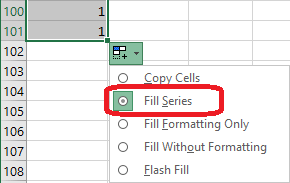 Excel 2016 Auto Fill Options Fill Series