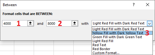 Excel 2016 Conditional Formatting Between Dialog Box