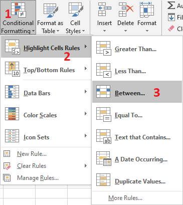 Excel 2016 Conditional Formatting Between