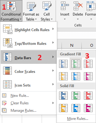 Excel 2016 Conditional Formatting Data Bars Button