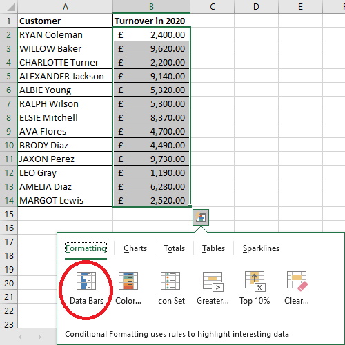 Excel 2016 Conditional Formatting Data Bars Button