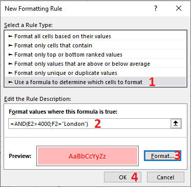 Excel 2016 Conditional Formatting New Formatting Rule dialog box