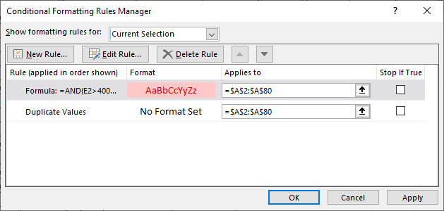 Excel 2016 Conditional Formatting Rules Manager dialog box