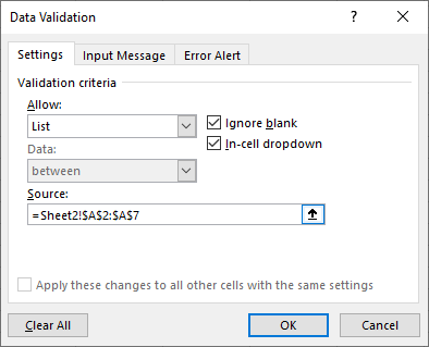 Excel 2016 Data Validation dialog box Allow List