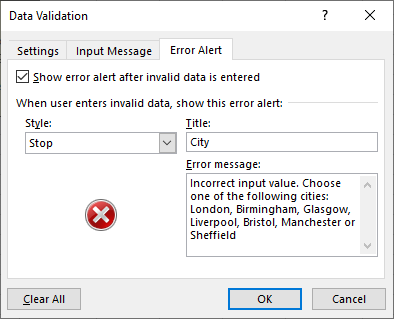Excel 2016 Data Validation dialog box Error Alert tab