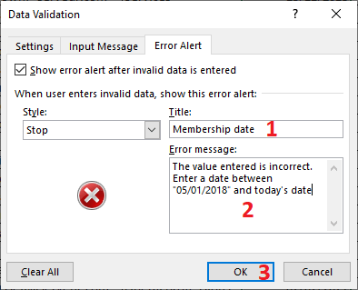 Excel 2016 Data Validation dialog box Error Alert tab