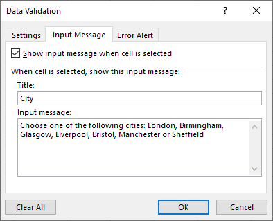 Excel 2016 Data Validation dialog box Input Message tab