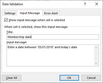 Excel 2016 Data Validation dialog box Input Message tab