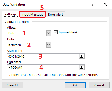 Excel 2016 Data Validation dialog box