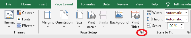 Excel 2016 Dialog box launchers Layout group Page Layout tab