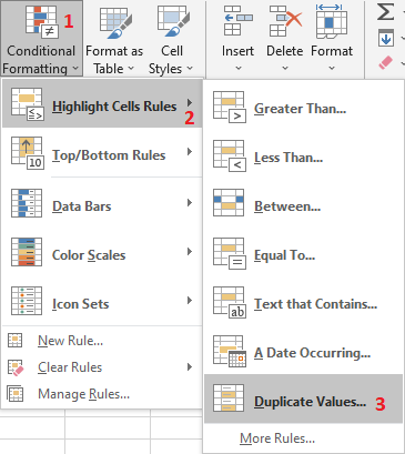 Excel 2016 Duplicates Values button