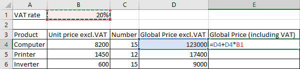 Excel 2016 Example of Absolute Cell Reference