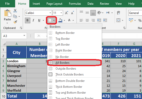 Excel 2016 All Borders button