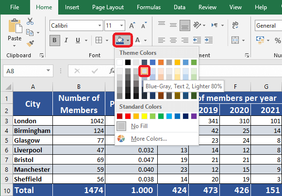 Excel 2016 Blue-Gray fill color