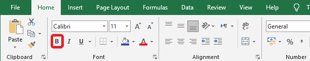 Excel 2016 Bold command