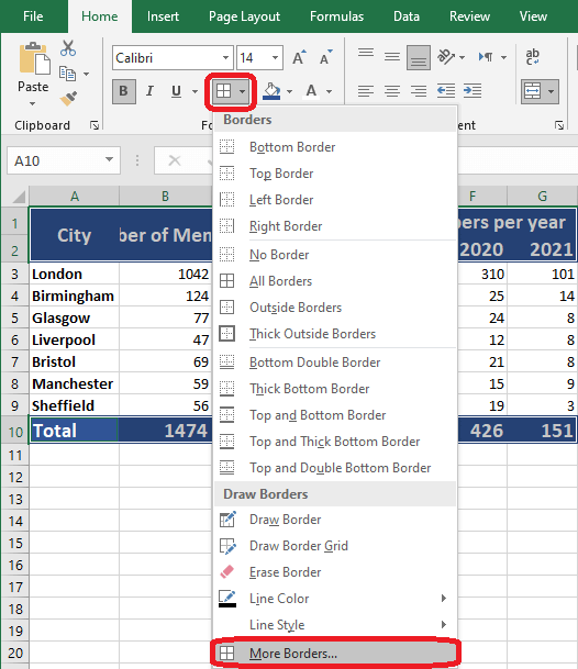 Excel 2016 Borders button