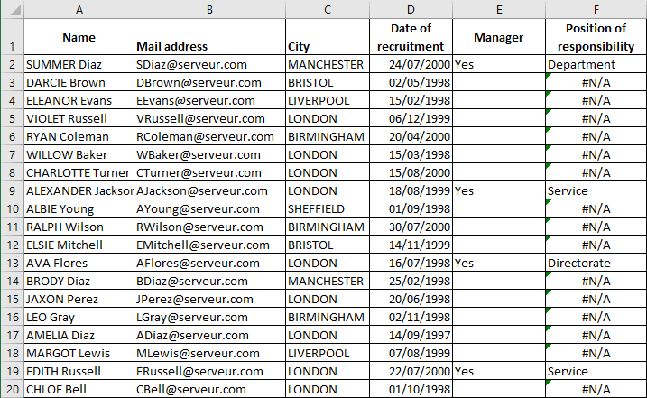 Excel 2016 Example Comparison of two columns