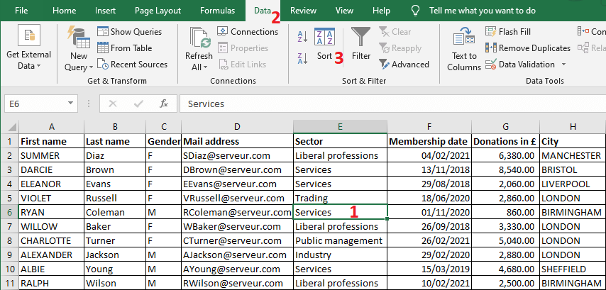 Excel 2016 Example Sort data