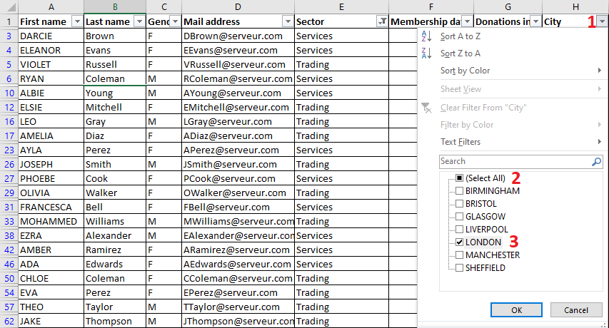 Excel 2016 Example of data filtering