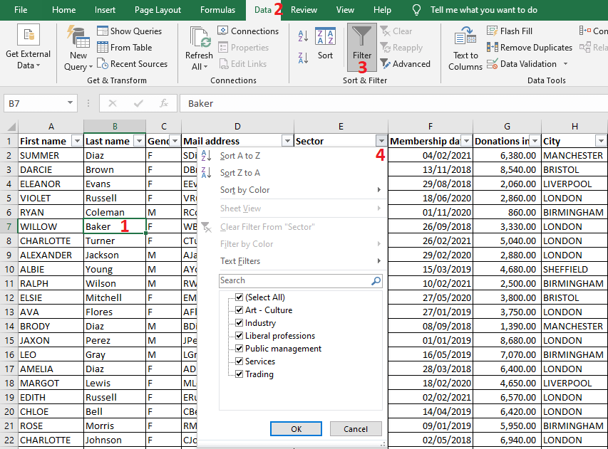 Excel 2016 Example of data filtering