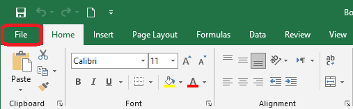 Excel 2016 File tab of the ribbon