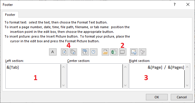 Excel 2016 Footer dialog box