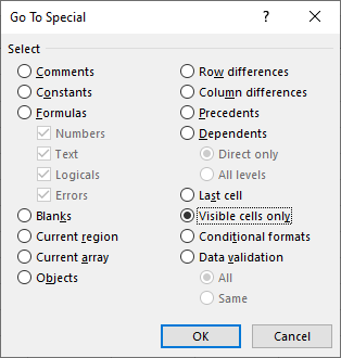 Excel 2016 Go To Special dialog box