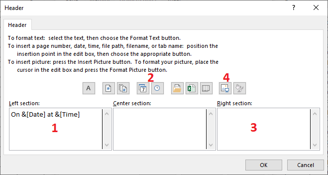 Excel 2016 Header dialog box