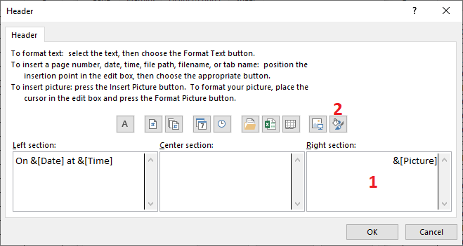 Excel 2016 Header dialog box