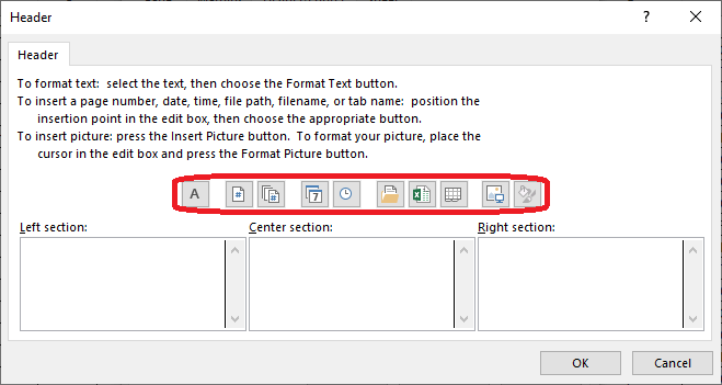 Excel 2016 Header dialog box