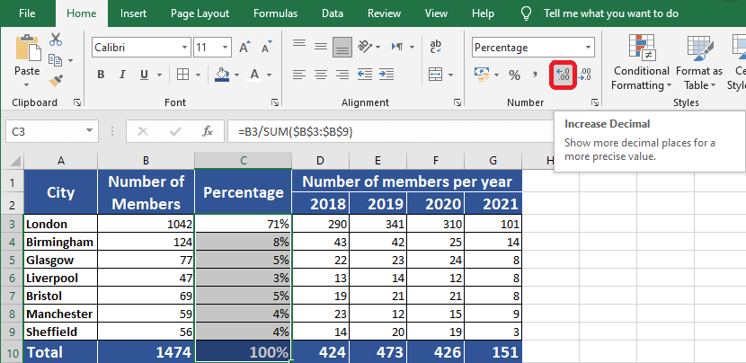 Excel 2016 Increase Decimal button