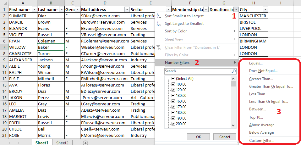 Excel 2016 Number Filters