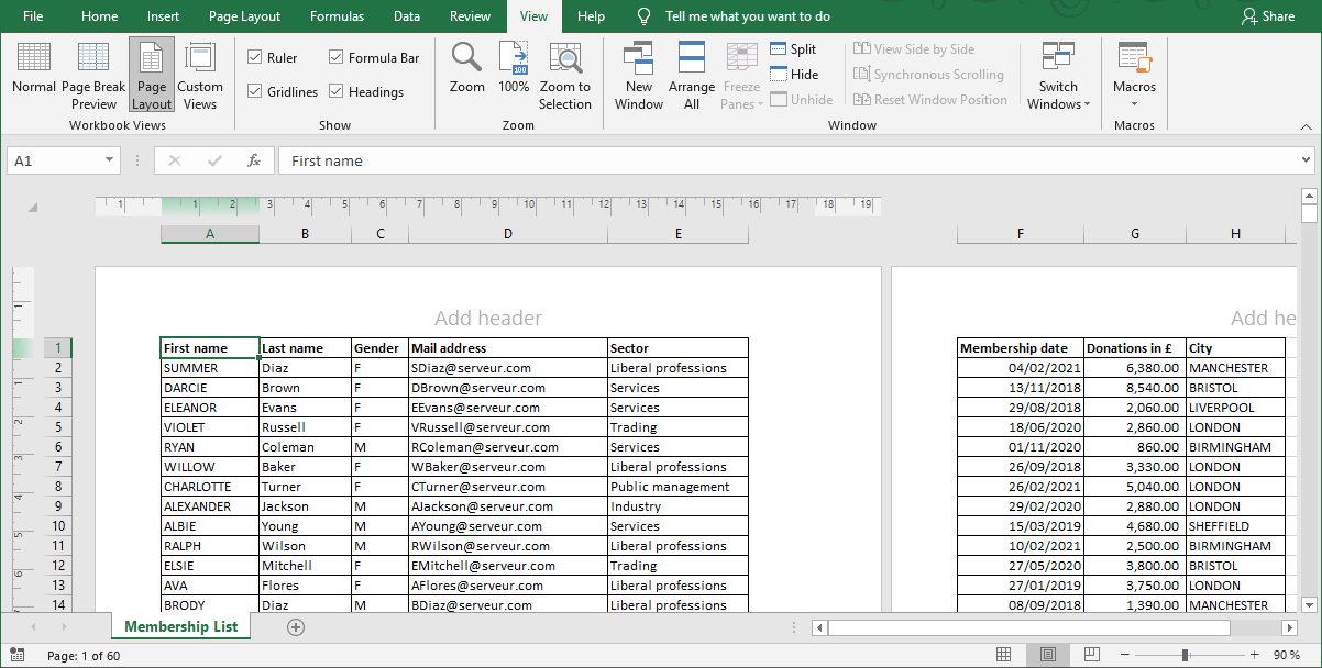 Excel 2016 Page Layout view