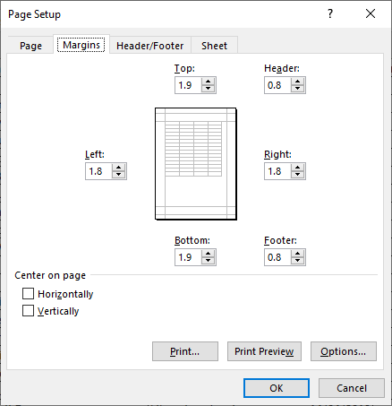 Excel 2016 Page Setup dialog box