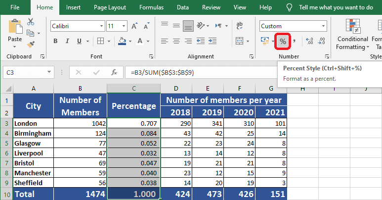 Excel 2016 Percent Style button