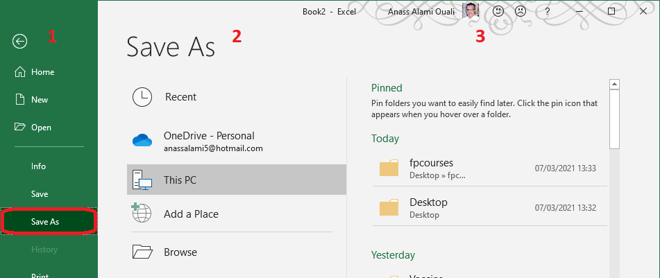 Excel 2016 Save As button