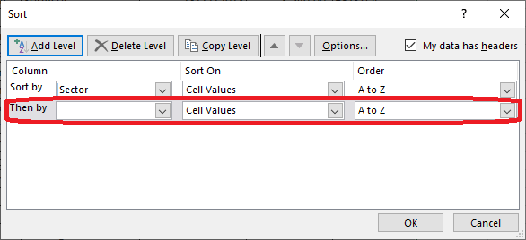 Excel 2016 Sort dialog box