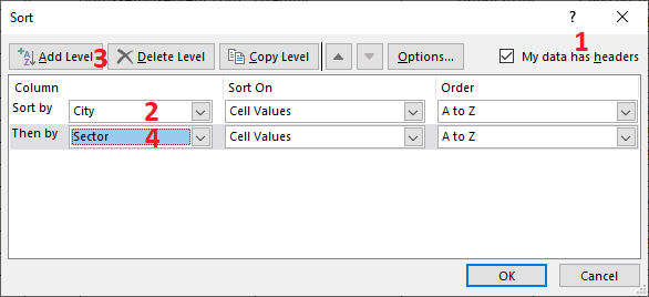 Excel 2016 Sort dialog box