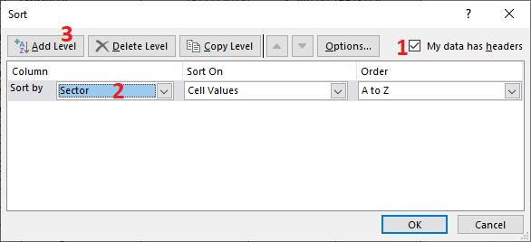 Excel 2016 Sort dialog box