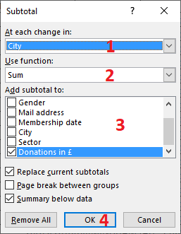 Excel 2016 Subtotal dialog box