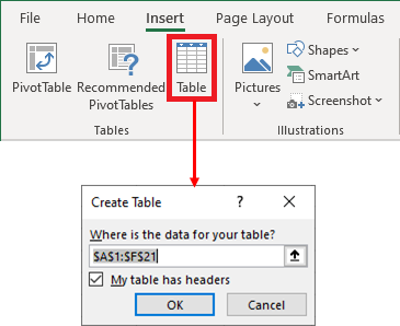 Excel 2016 Table Button