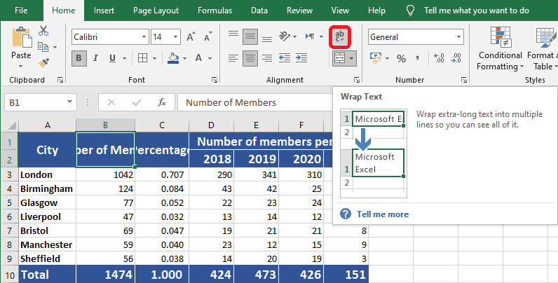Excel 2016 Wrap Text button