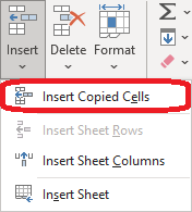 Excel 2016 Insert Copied Cells button