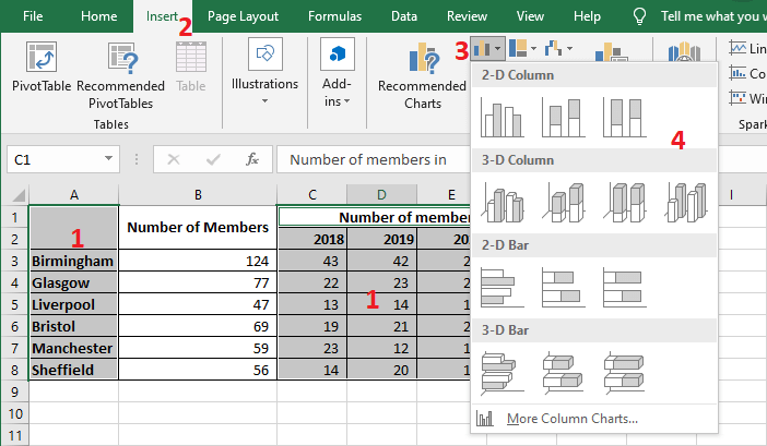 Excel 2016 Insert Insert Column or Bar Chart command