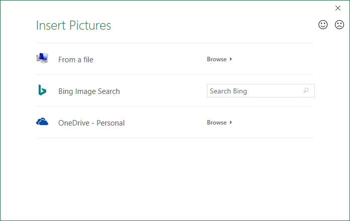 Excel 2016 Insert Pictures dialog box
