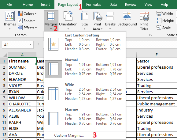 Excel 2016 Margins menu on the Page Layout