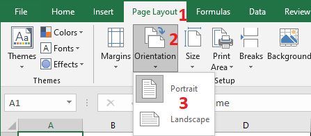Excel 2016 Orientation menu on the Page Layout