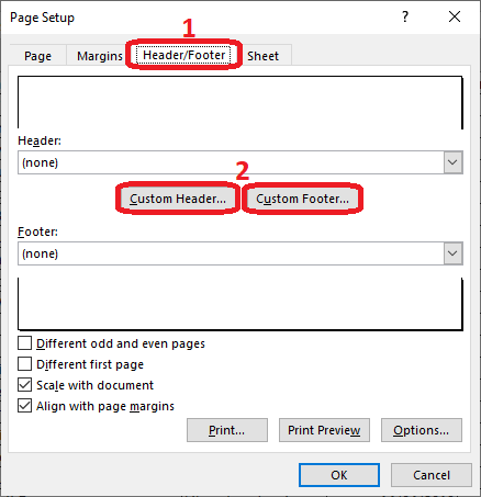 Excel 2016 Page Setup dialog box Header Footer tab