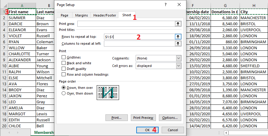 Excel 2016 Rows to repeat at top