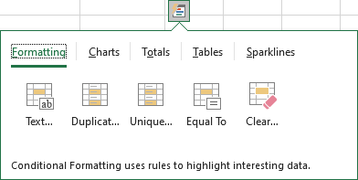 Excel 2016 Quick Analysis Button Text